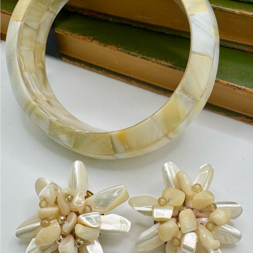 Mother Of Pearl Vintage Bangle And Abalone Earrings Set